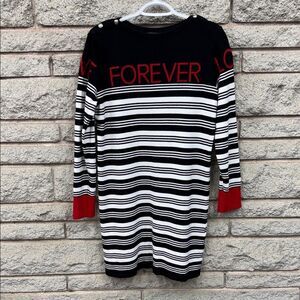 Tricotto Black and White Striped Top with Love Forever in Red